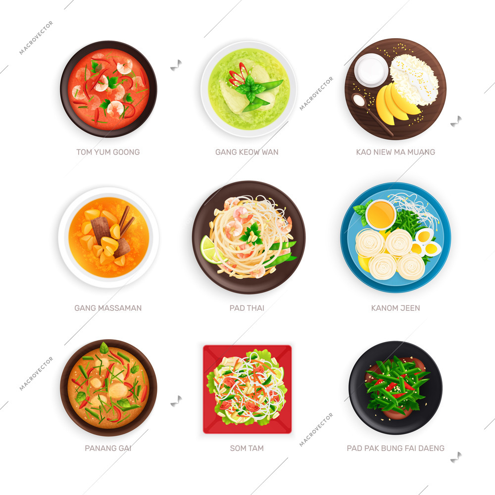 Thai cuisine food flat set of gang massaman panang gai som tam kanom jeen disheas with caption isolated vector illustration