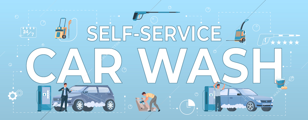 Self car wash composition with text and set of flat icons with car owners washing automobiles vector illustration