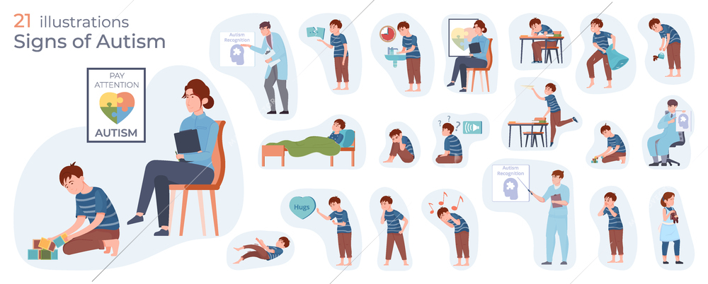 Autism composition with flat isolated icons of doctors and children representing autistic behaviours with editable text vector illustration