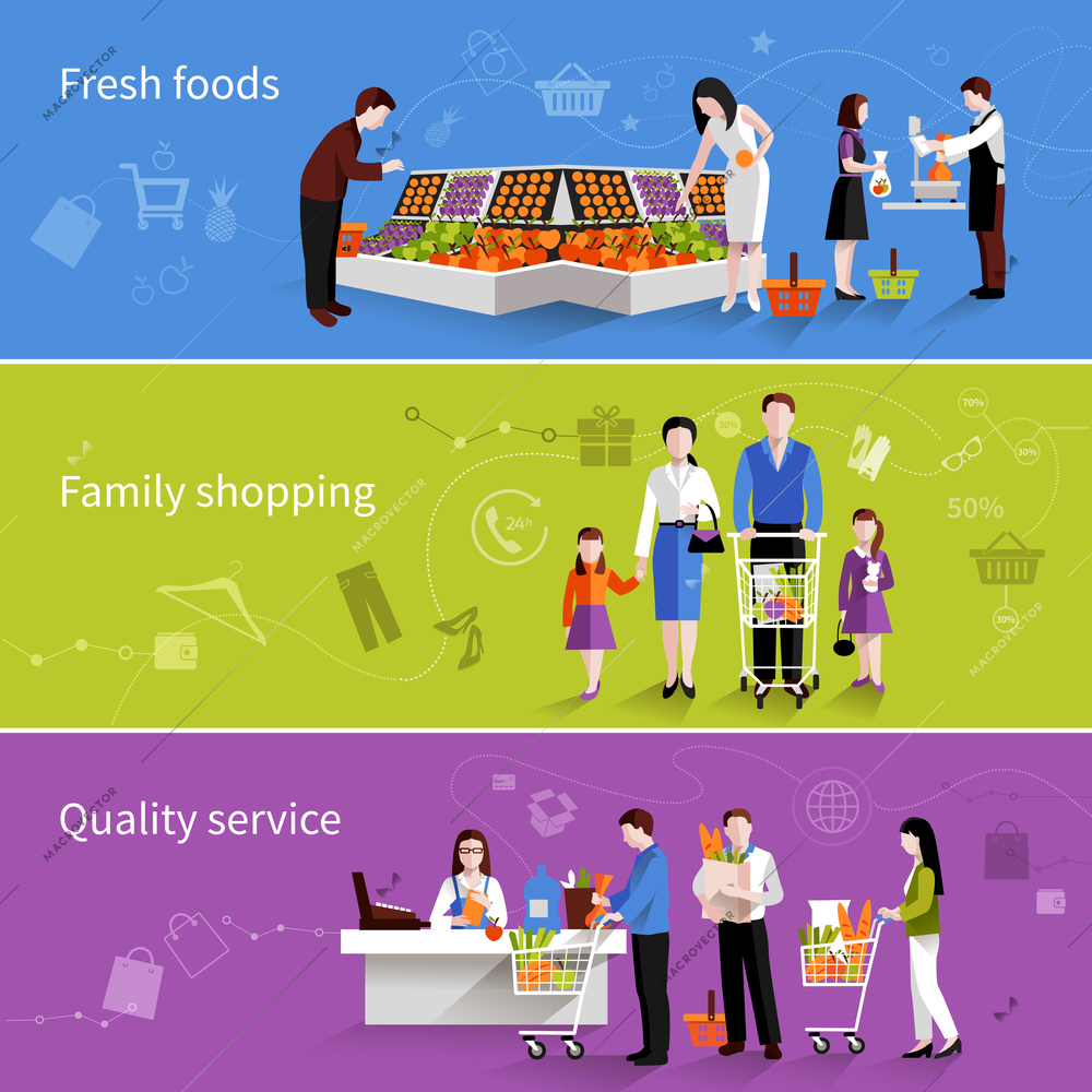 People in supermarket flat horizontal banners set with fresh foods family shopping quality service elements isolated vector illustration