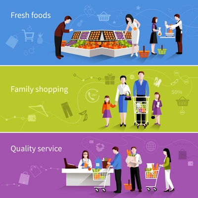 People in supermarket flat horizontal banners set with fresh foods family shopping quality service elements isolated vector illustration