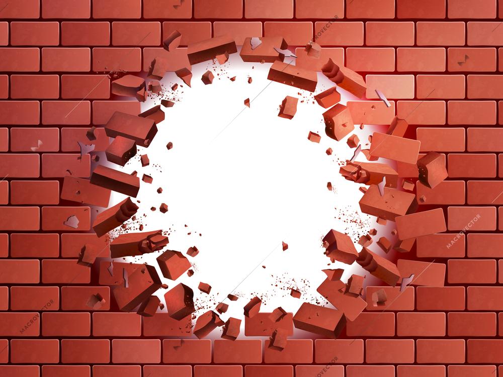 Realistic brick wall hole exploding vector illustration