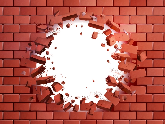 Realistic brick wall hole exploding vector illustration