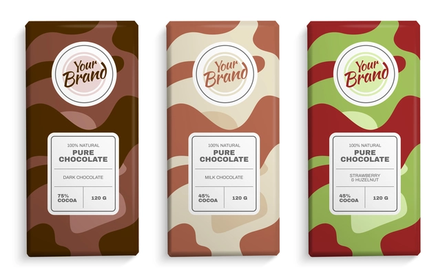 Realistic different flavors chocolate bar packaging set isolated vector illustration