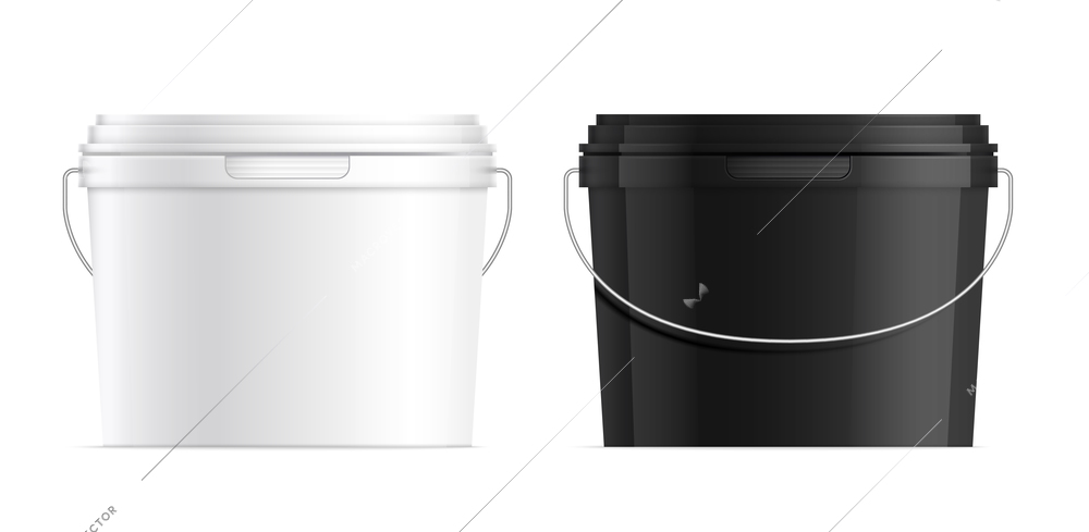 Realistic black and white plastic bucket containers set isolated vector illustration