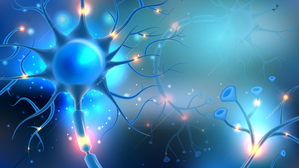 Realistic neuroscience background with glowing human nerves on blue background vector illustration