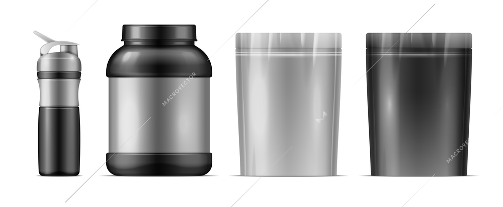 Fitness nutrition in shaker whey protein platic bottle and doypack bag isolated vector illustration