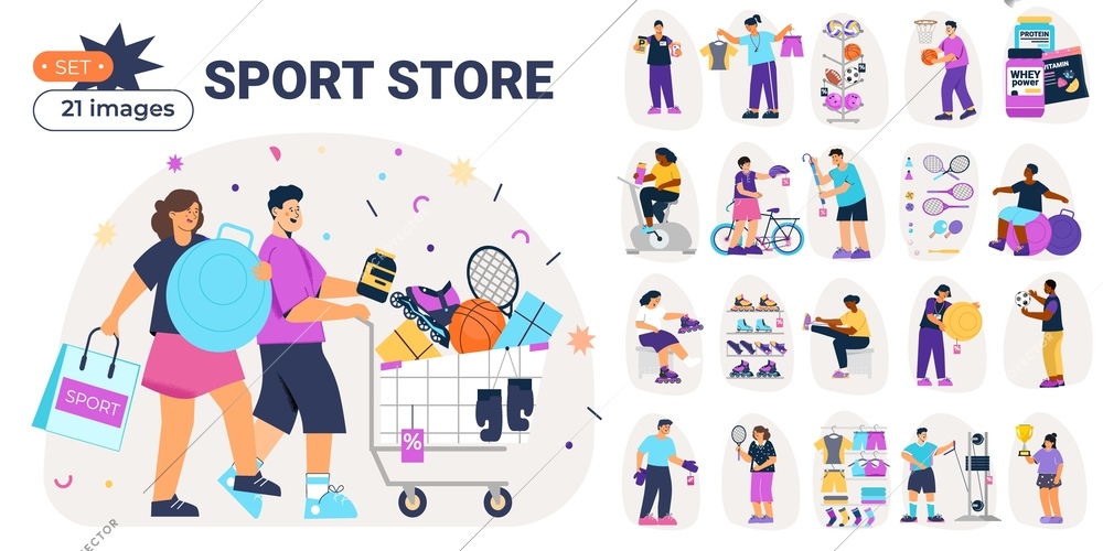 Sport shop set with flat isolated compositions of sport equipment and clothing for sale with people vector illustration