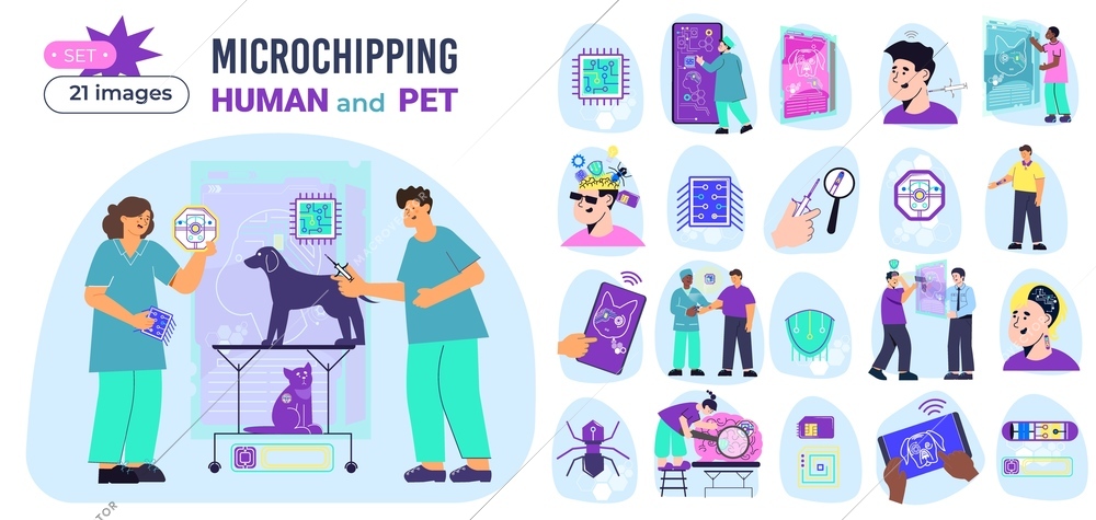 Micro chip compositions set of flat isolated icons with computer circuitry spyware protection people and pets vector illustration