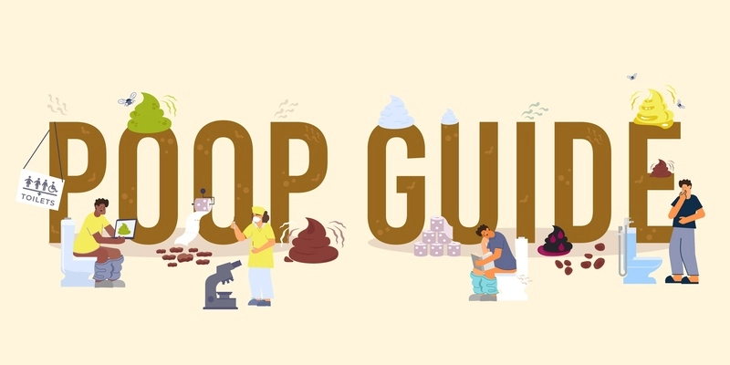 Poop composition with flat text surrounded by human characters sitting on toilet bowls and shit piles vector illustration