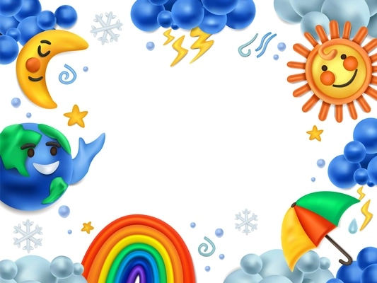 Plasticine weather cartoon frame consisting from moon sun rainbow cloud star images realistic vector illustration