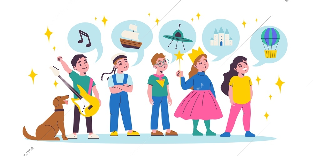 Children dreams cartoon composition with group of funny kids and bubbles with their imagination flat vector illustration