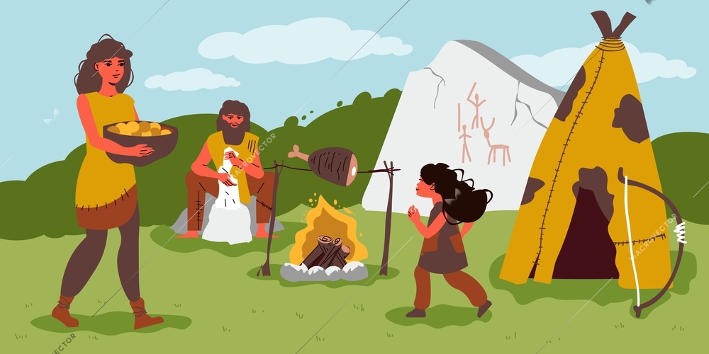 Primitive people lifestyle flat background with primeval hut and meat fried on spit vector illustration