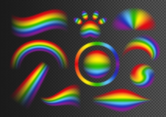 Rainbow realistic set with multicolored abstract elements in wavy round and arch shapes on dark transparent background isolated vector illustration