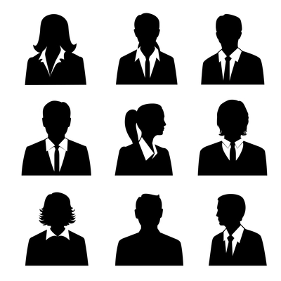 Business avatars set with males and females businesspeople silhouettes isolated vector illustration