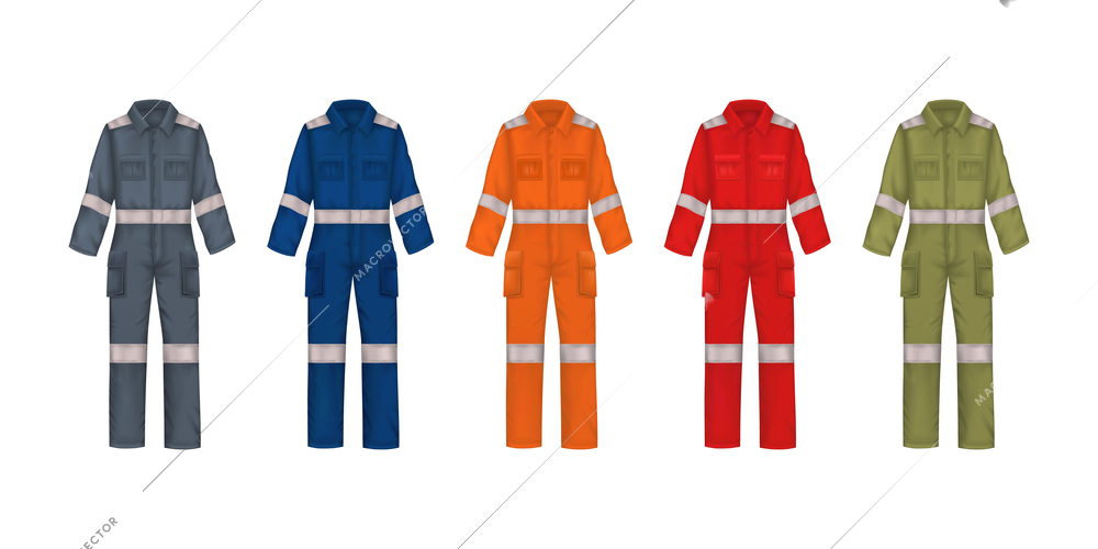 Workwear uniform realistic set with five isolated images of overall suits with luminous stripes for workers vector illustration