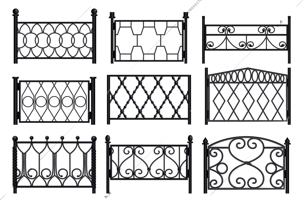 Monochrome collection of balcony railing modular sections from forged metal isolated on white background realistic vector illustration