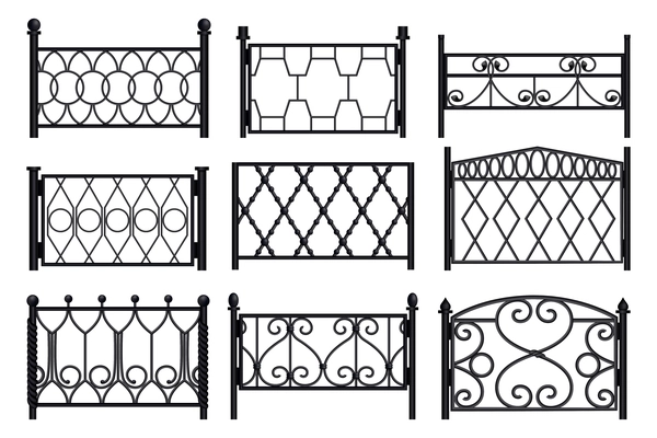 Monochrome collection of balcony railing modular sections from forged metal isolated on white background realistic vector illustration