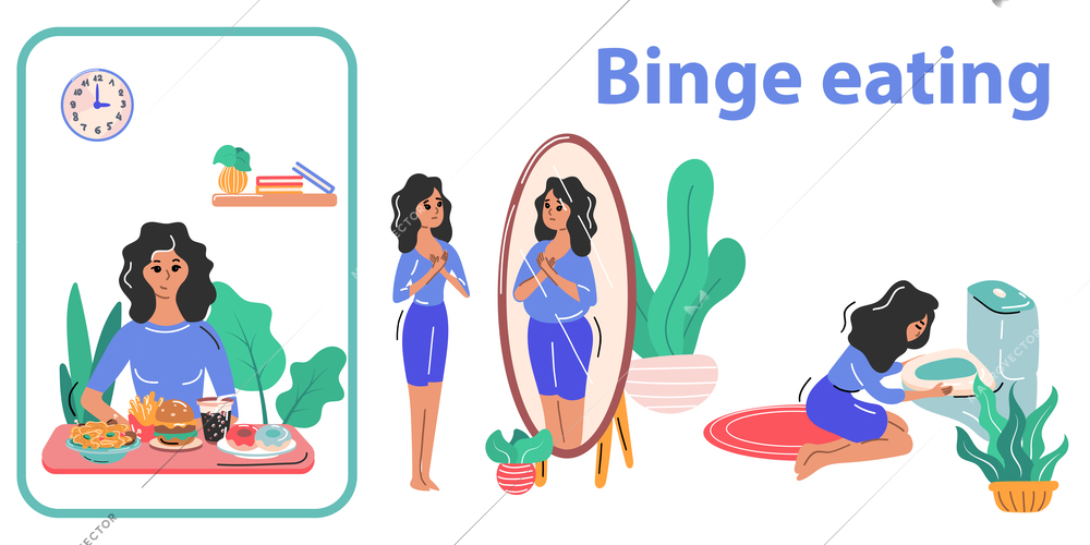 FP eating disorders flat infographics with female character having dinner vomiting looking in mirror with text vector illustration