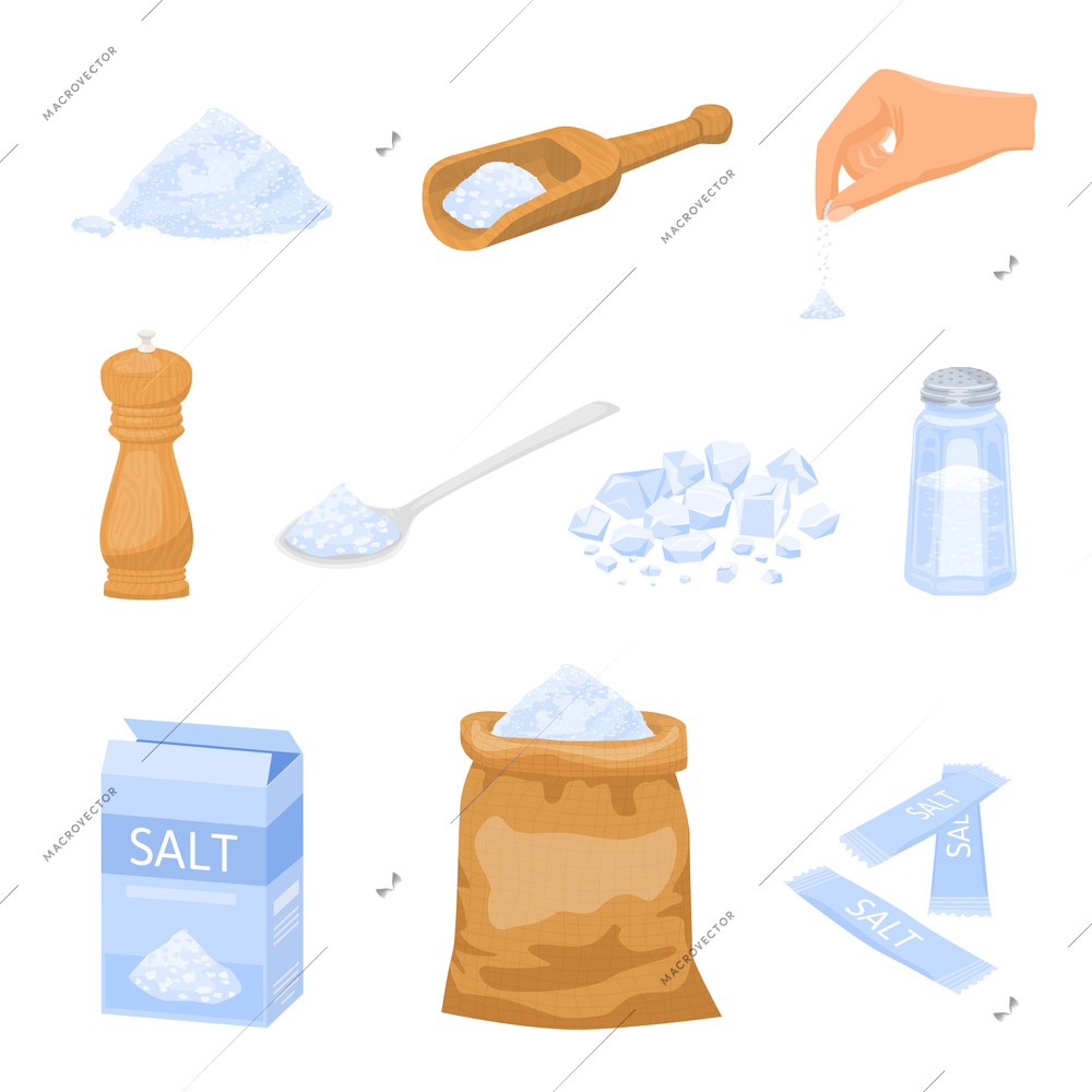 Sea salt set of flat isolated icons with images of packaged salt powder spoon and hand vector illustration