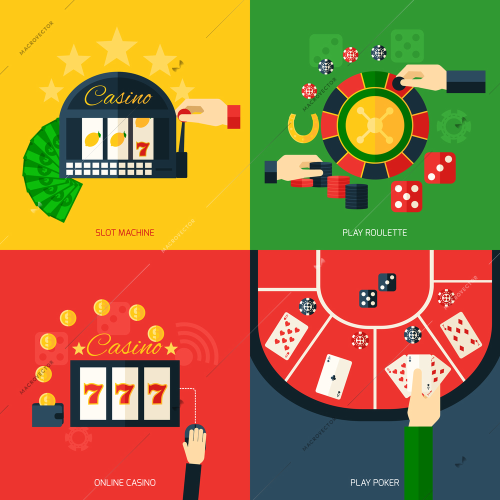 Casino design concept set with slot machine play roulette online poker icon flat isolated vector illustration