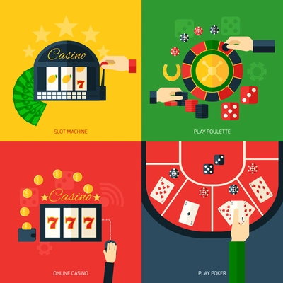 Casino design concept set with slot machine play roulette online poker icon flat isolated vector illustration