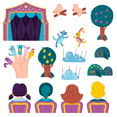Children puppet theater set with rear view of kids on seats with stage decorations finger puppets vector illustration