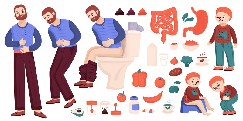 Poop set with isolated human characters of adult man and child shit with icons of food vector illustration