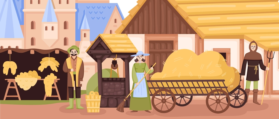 Medieval town composition with outdoor scenery of vintage town street with houses wagons and human characters vector illustration