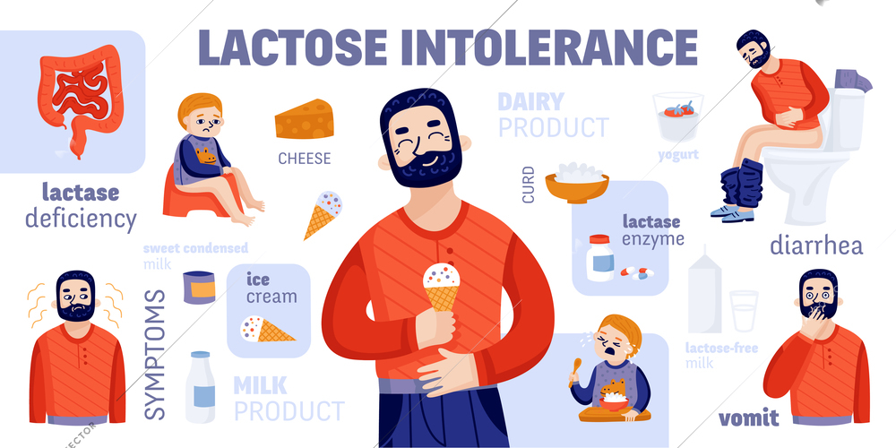 Lactose intolerant infographics with cartoon characters representing symptoms and isolated icons of prohibited food with medication vector illustration
