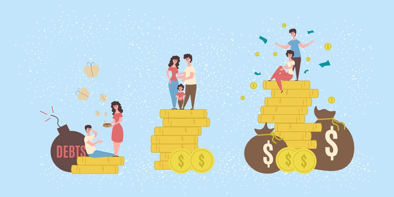 Poverty flat colored composition three different situations couple with little money middle class family of three and rich couple vector illustration