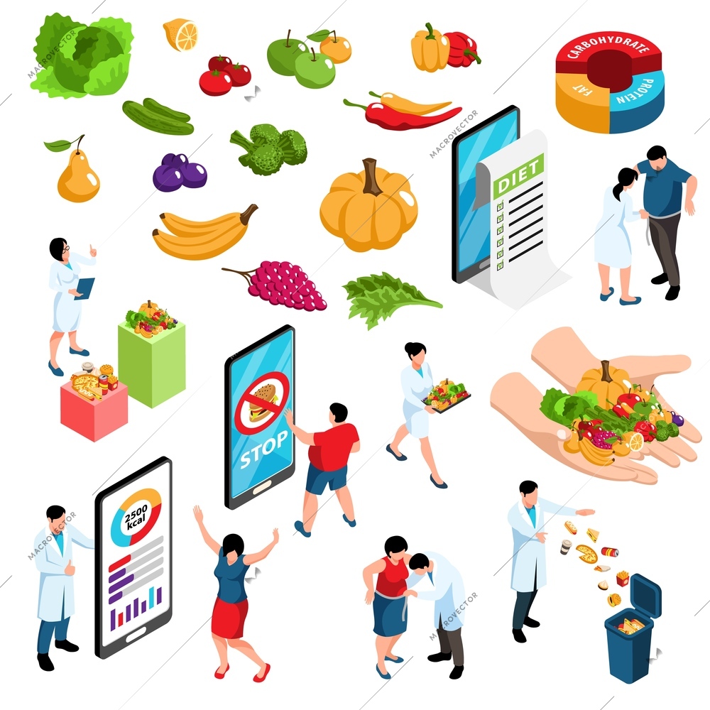 Nutritionist isometric set with diet and weight symbols isolated vector illustration
