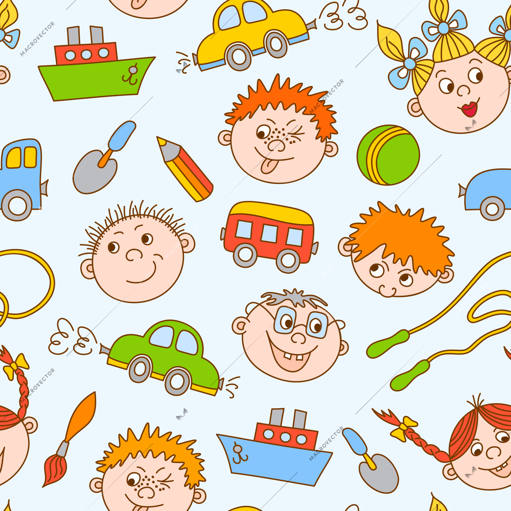 Seamless doodle smiling boys and girls with toys pattern vector illustration