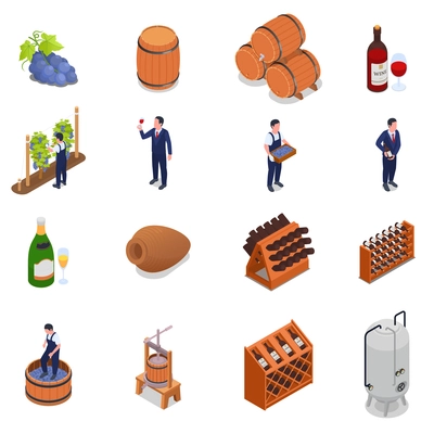 Wine production isometric set with grapes wooden barrels bottles industrial equipment crushing process characters of harvester and sommelier isolated 3d vector illustration