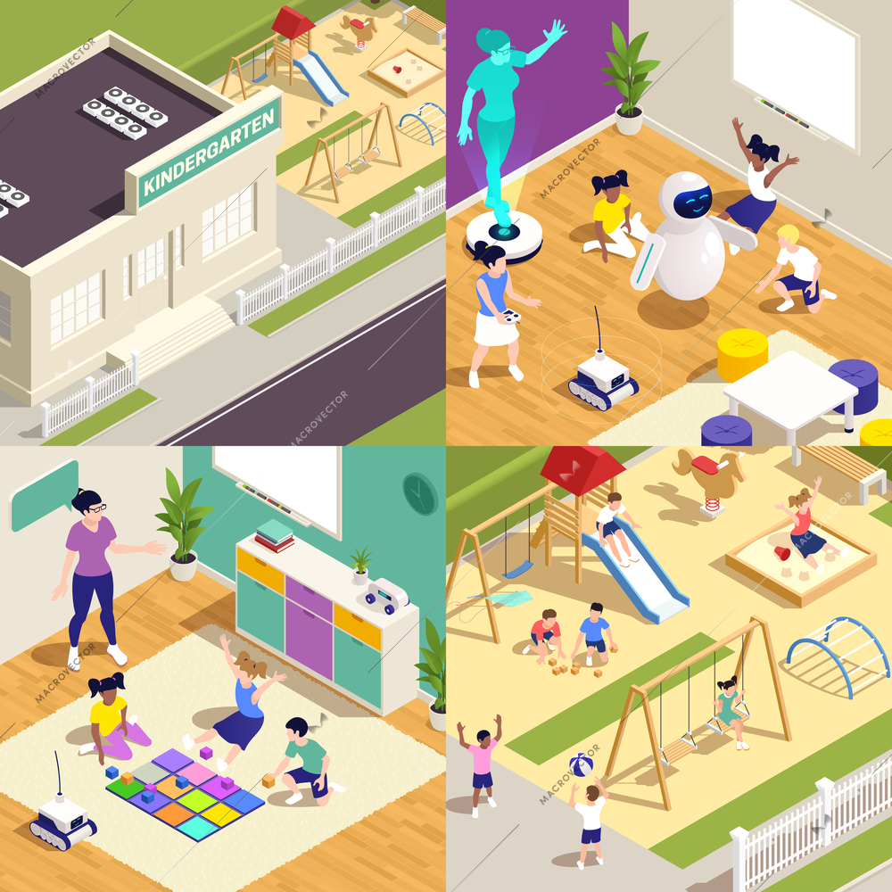 Kindergarten colored isometric icon set facade of the building outside, the interior inside, and children playing games while in kindergarten vector illustration