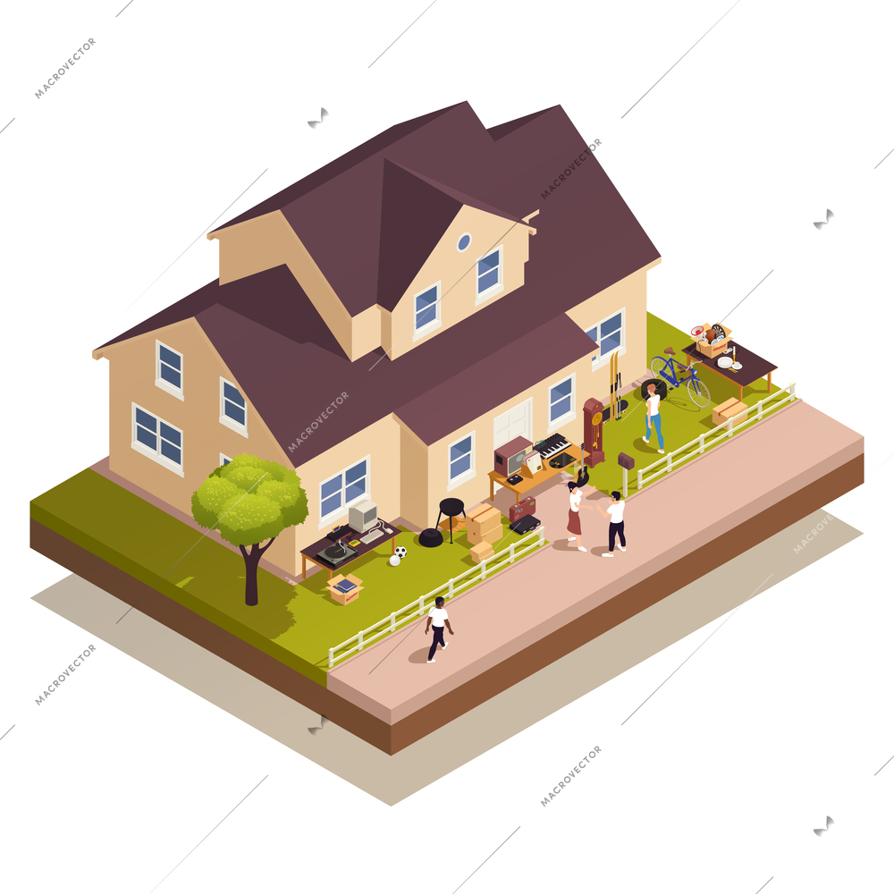 Garage sale and flea market composition with isometric house and people shopping outdoors vector illustration