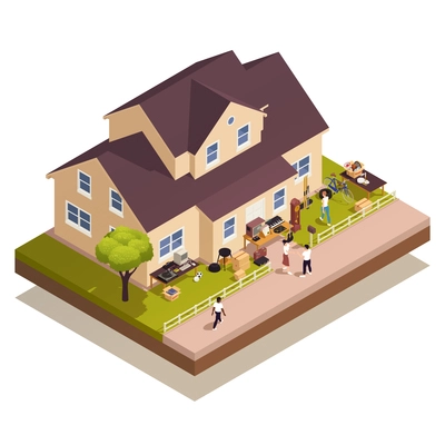 Garage sale and flea market composition with isometric house and people shopping outdoors vector illustration