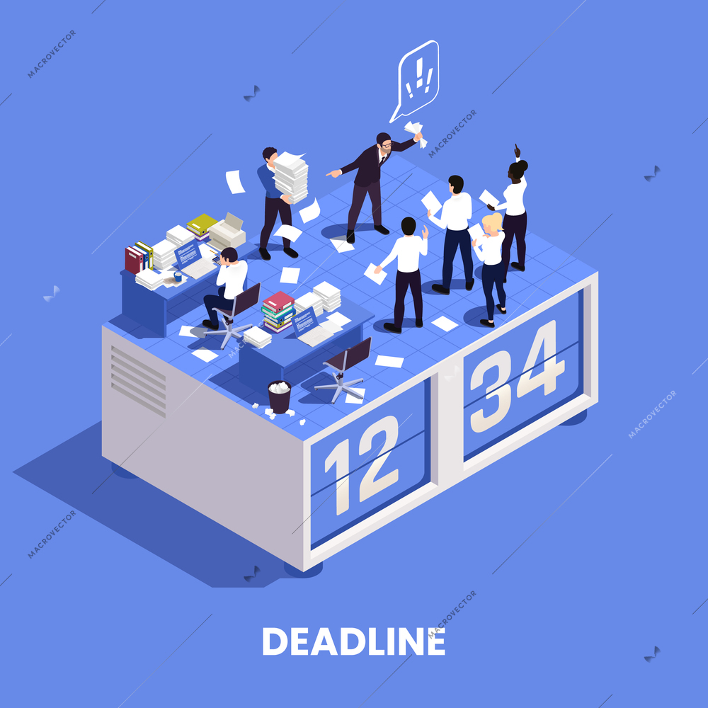 Chaotic messy office work isometric composition with disorganized people missing deadline vector illustration