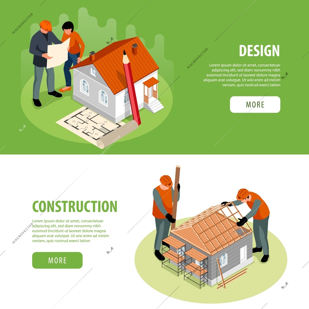 House construction horizontal banners set with design symbols isometric isolated vector illustration