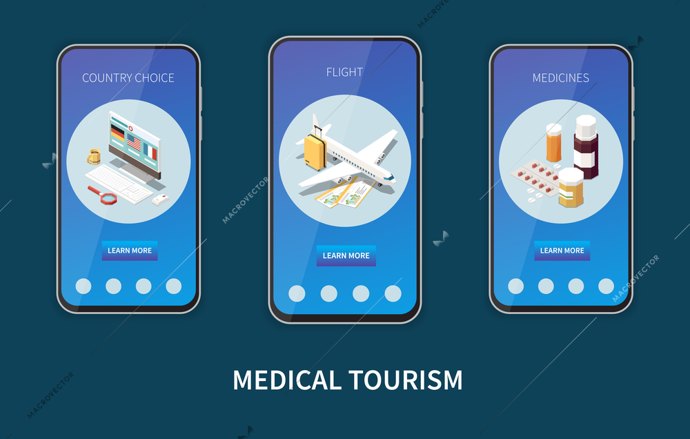 Isometric vertical mobile website templates set with medical tourism symbols country choice flight medication isolated 3d vector illustration