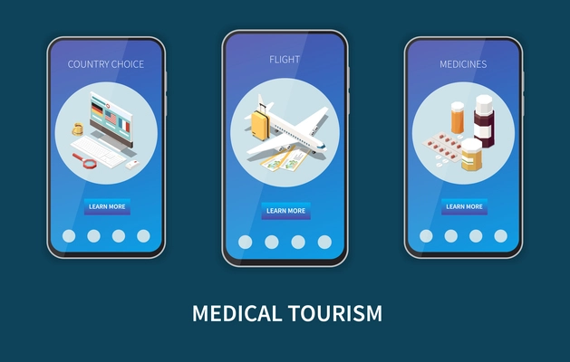 Isometric vertical mobile website templates set with medical tourism symbols country choice flight medication isolated 3d vector illustration