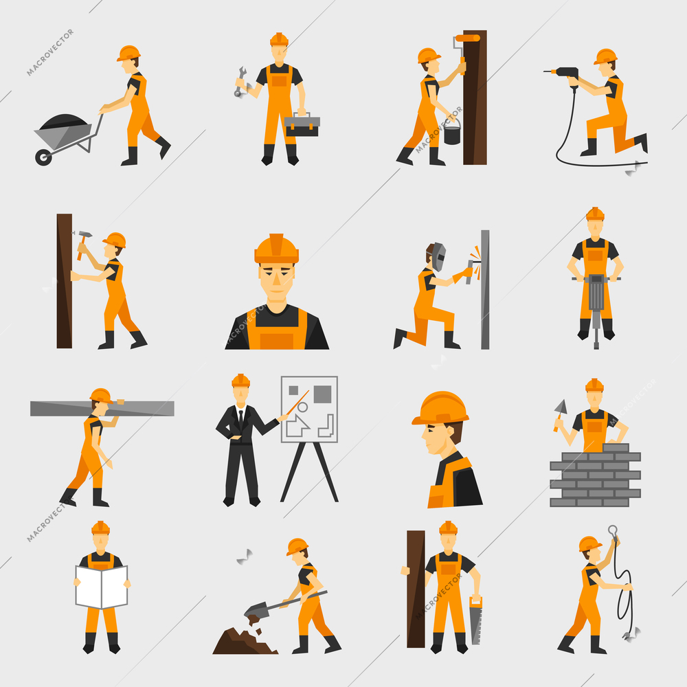 Construction worker character building with hand hammer drill in helmet flat icons set abstract isolated vector illustration