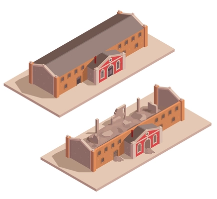 Old industrial building isometric set with ruined and redeveloped factories isolated vector illustration