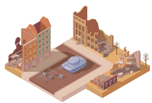 Ruined buildings in destroyed with war city isometric vector illustration