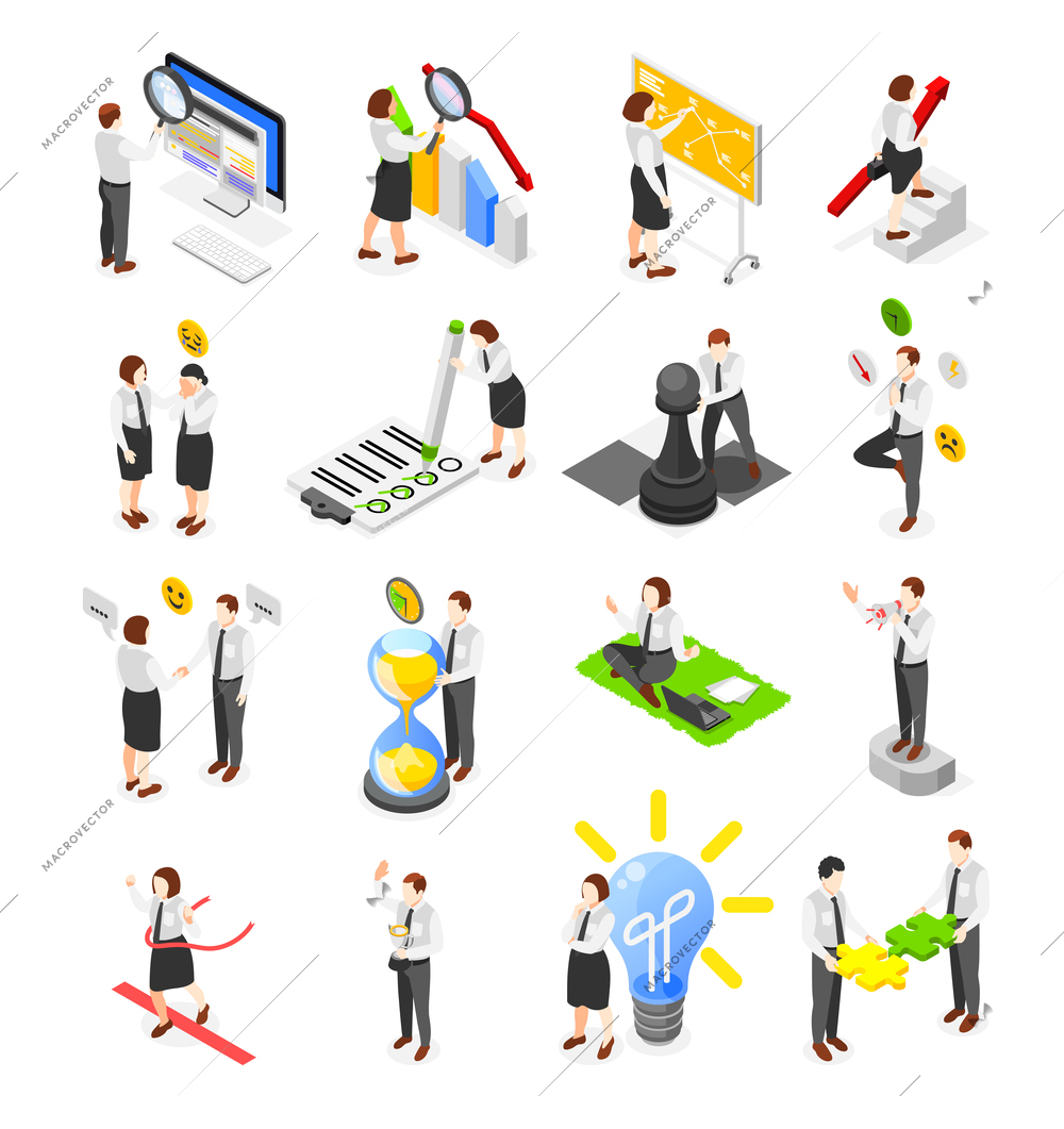 Soft skills personal development isometric icons set with business characters planning achieving goals communicating 3d isolated vector illustration