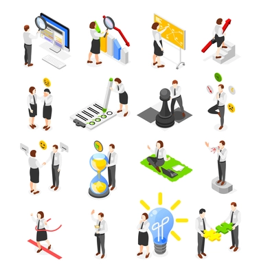 Soft skills personal development isometric icons set with business characters planning achieving goals communicating 3d isolated vector illustration