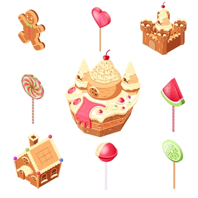 Candy land isometric set with isolated icons of lollipop candies on sticks with gingerbread man house vector illustration