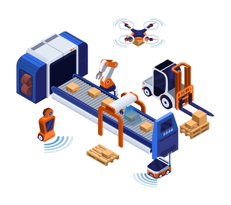 Smart industry production isometric concept with mechanization symbols vector illustration