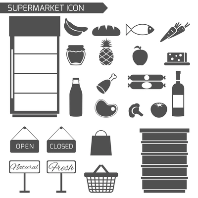 Supermarket black icon decorative set with shopping signs isolated vector illustration