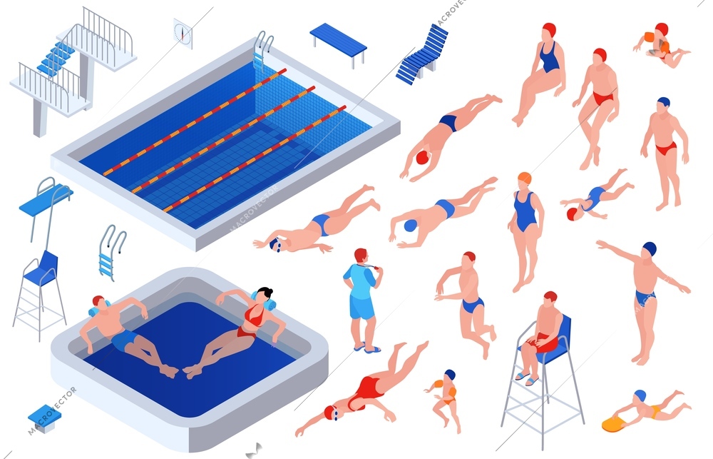 Colored isometric swimming pool icon set two pools sun loungers pool paraphernalia swimmers preparing to swim and jump vector illustration